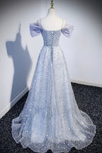 Gray Tulle Beaded Long Prom Dress, Off the Shoulder Evening Dress with Bow