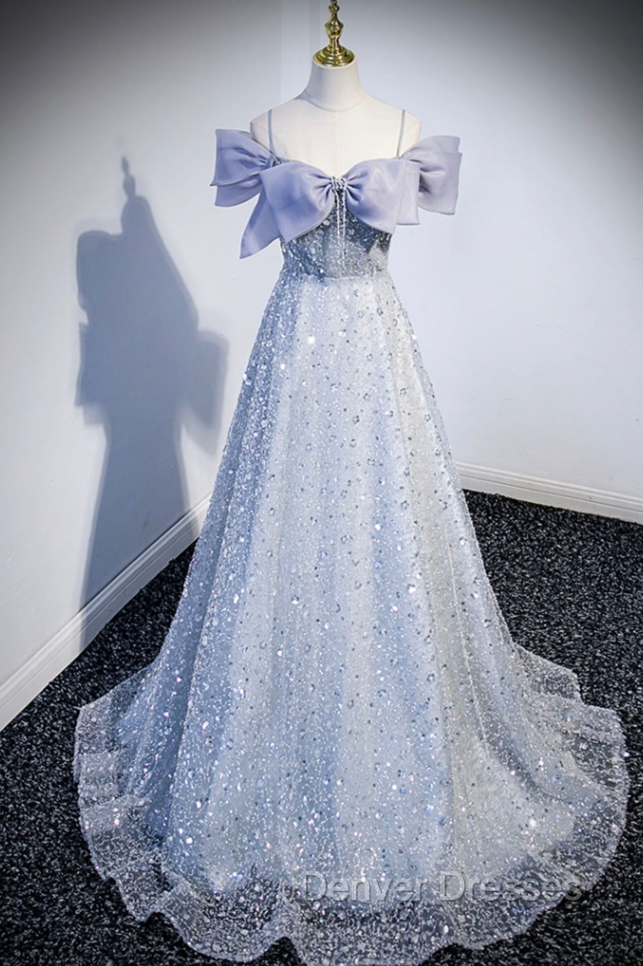 Gray Tulle Beaded Long Prom Dress, Off the Shoulder Evening Dress with Bow Secondary image