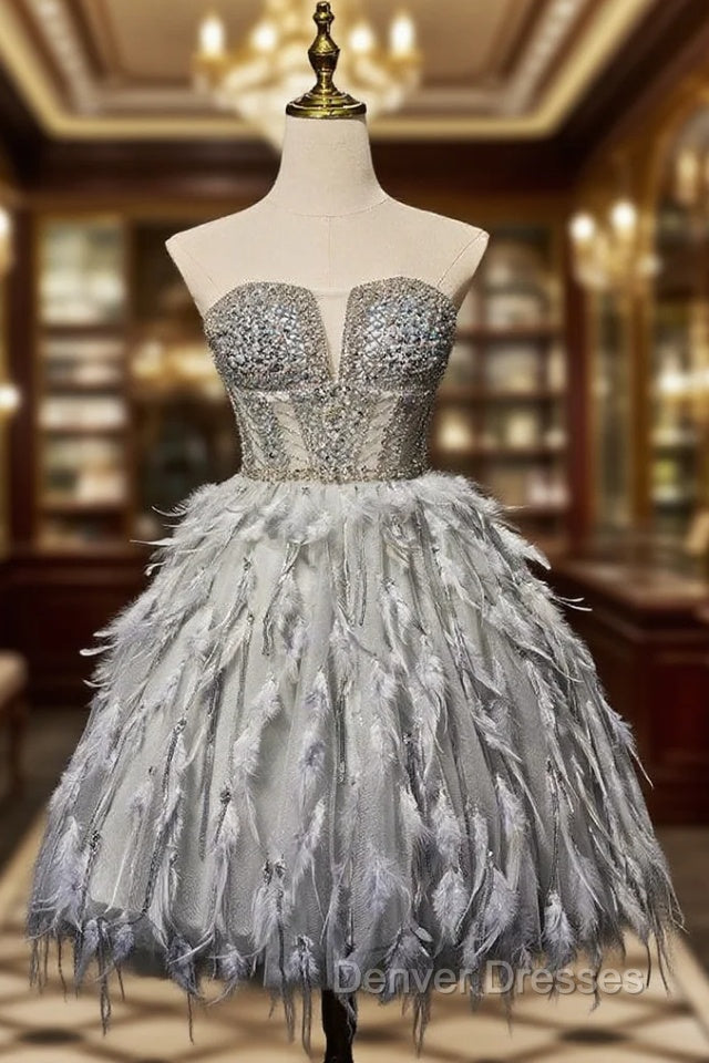 Gray Tulle Beading Feather Short Homecoming Dress