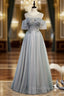 Gray Tulle Beading Sequins Formal Prom Dress