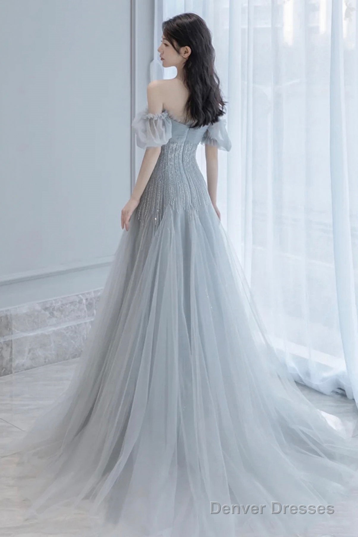 Gray Tulle Beads Long A Line Prom Dress Evening Dress Secondary image