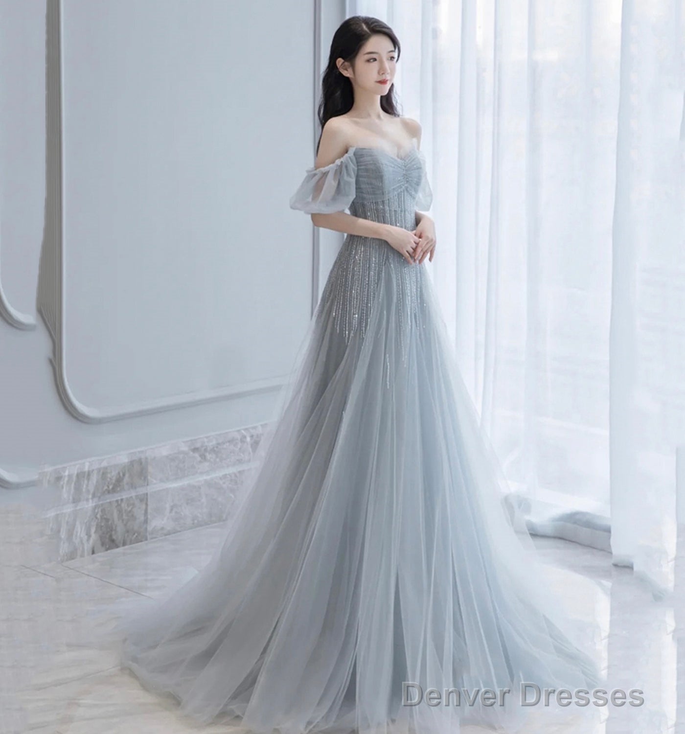 Gray Tulle Beads Long A Line Prom Dress Evening Dress Main image