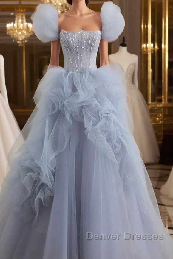 Gray tulle beads long prom Dress, gray tulle formal Dress