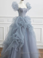 Gray tulle beads long prom Dress, gray tulle formal Dress