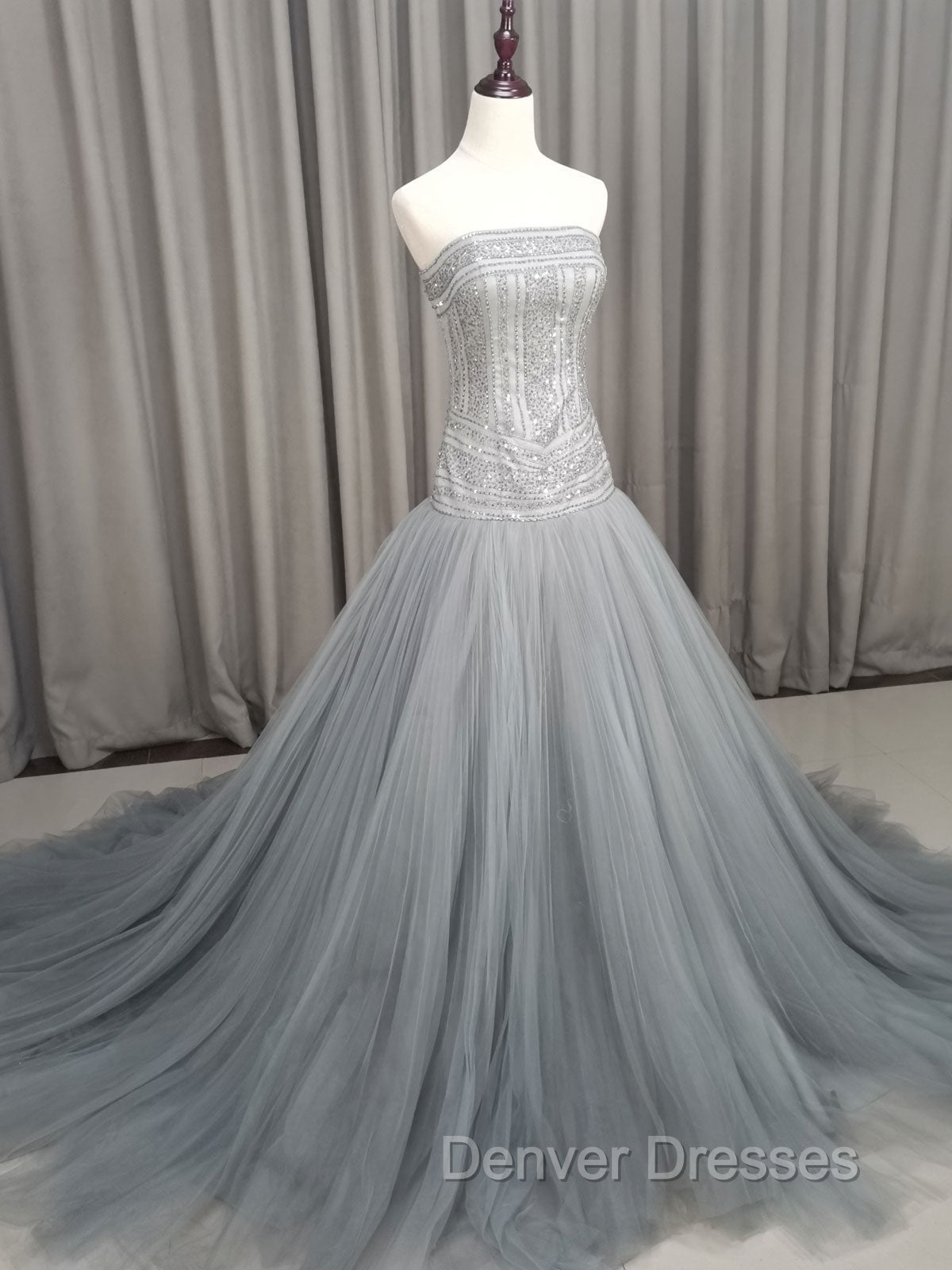 Gray Tulle Beads Long Prom Dress Gray Tulle Formal Evening Graduation Dress Secondary image