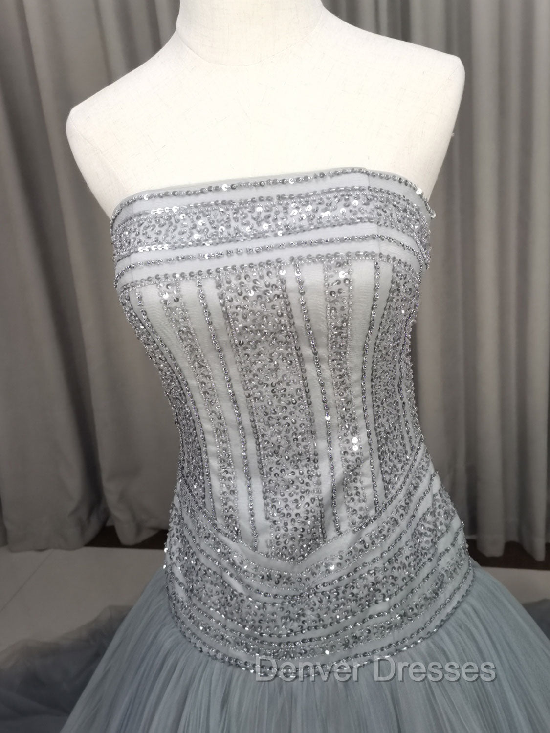 Gray Tulle Beads Long Prom Dress Gray Tulle Formal Evening Graduation Dress