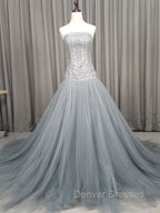 Gray Tulle Beads Long Prom Dress Gray Tulle Formal Evening Graduation Dress