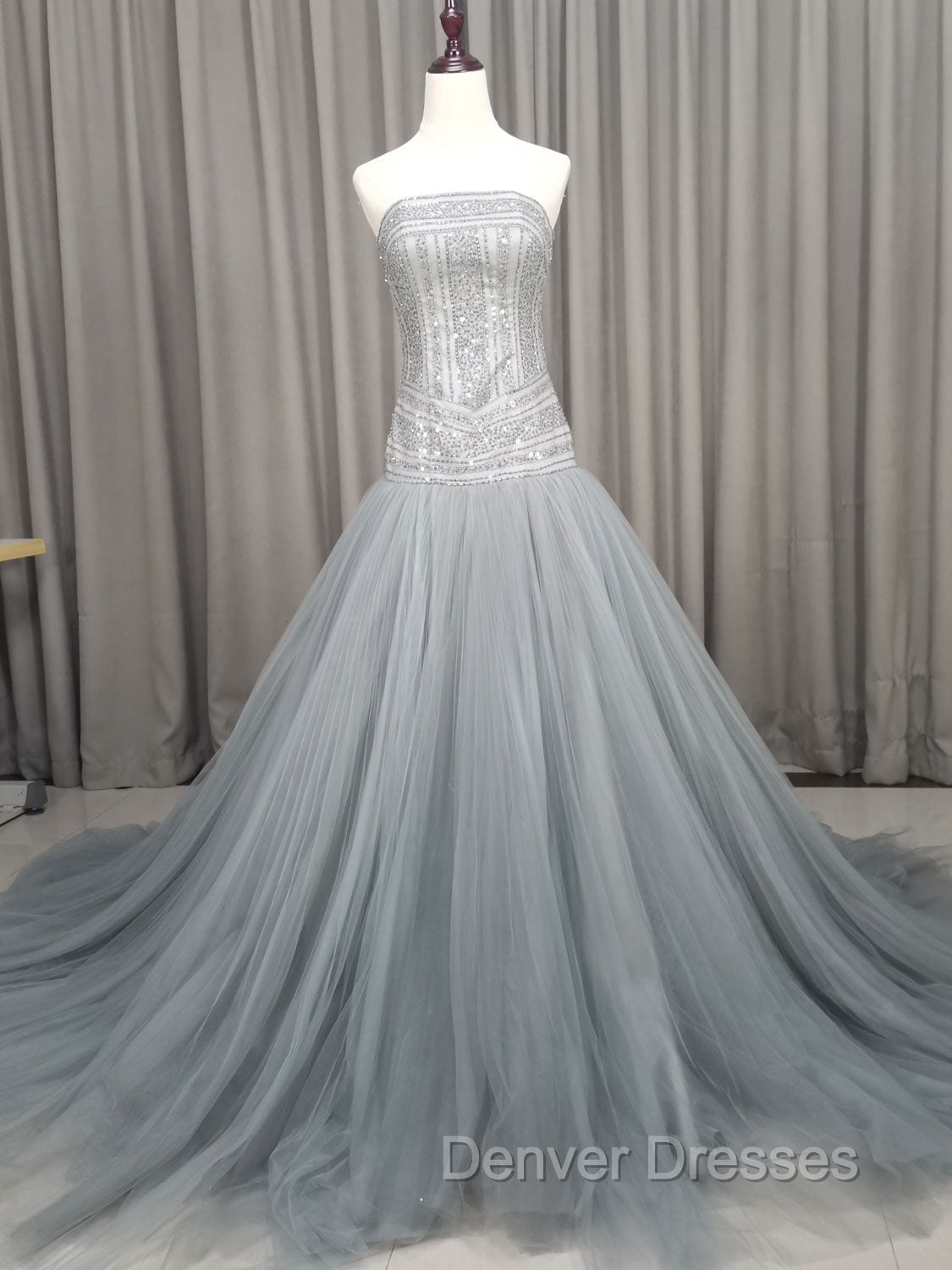 Gray Tulle Beads Long Prom Dress Gray Tulle Formal Evening Graduation Dress