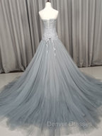 Gray Tulle Beads Long Prom Dress Gray Tulle Formal Evening Graduation Dress