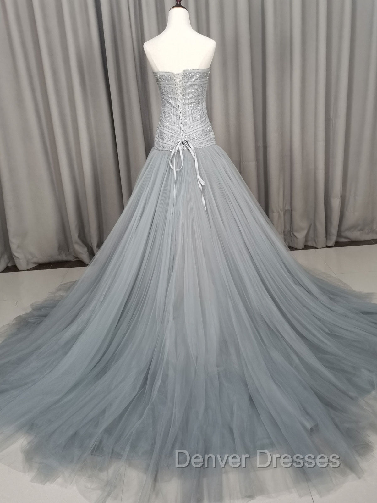 Gray Tulle Beads Long Prom Dress Gray Tulle Formal Evening Graduation Dress