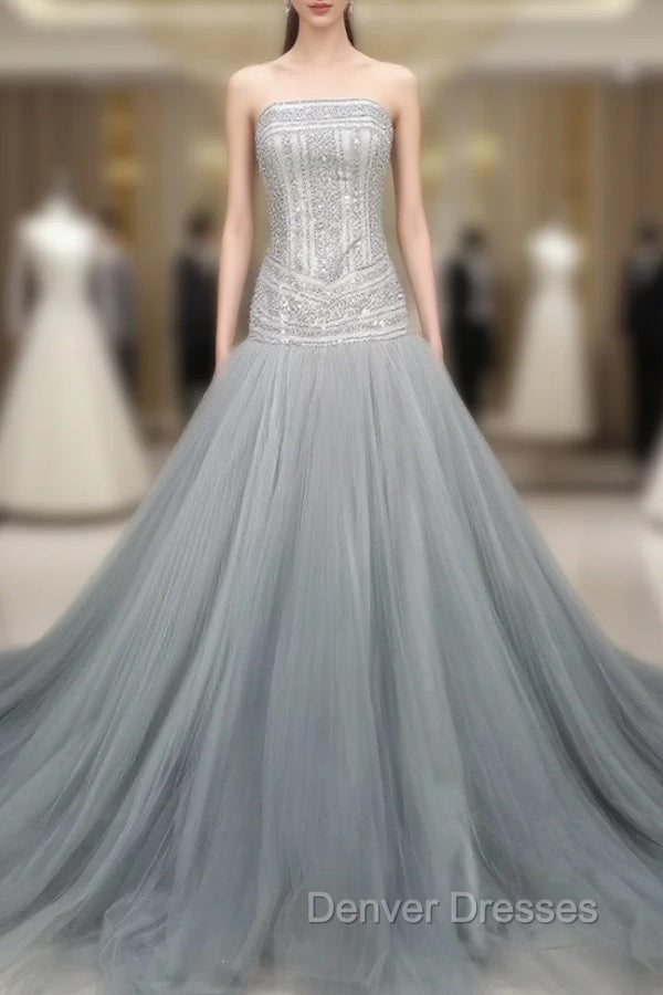 Gray Tulle Beads Long Prom Dress Gray Tulle Formal Evening Graduation Dress Main image
