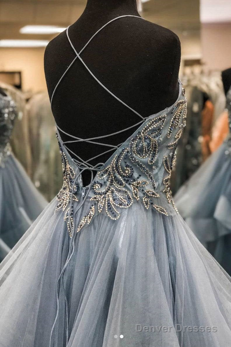 Gray Tulle Beads Long Prom Dress Gray Tulle Long Evening Dress Secondary image