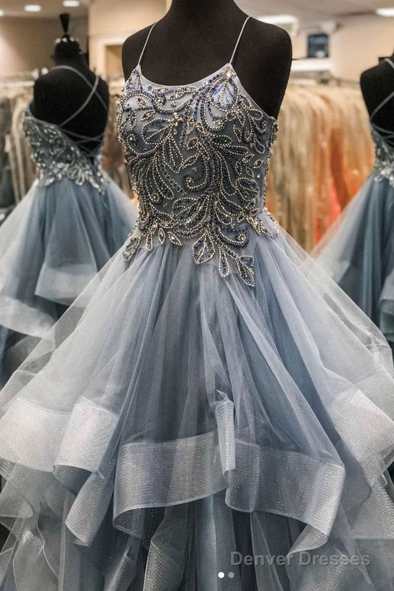 Gray Tulle Beads Long Prom Dress Gray Tulle Long Evening Dress Main image