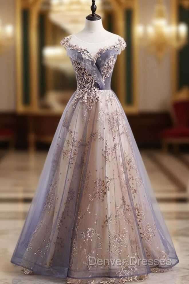 Gray Tulle Cap Sleeve Sequins Beading Long Prom Dress Main image