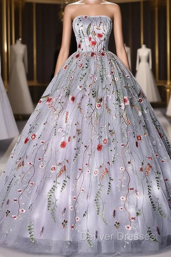 Gray Tulle Embroidery Strapless Quinceanera Dress