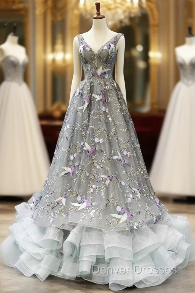 Gray Tulle Embroidery V-neck Backless Corset Prom Dress