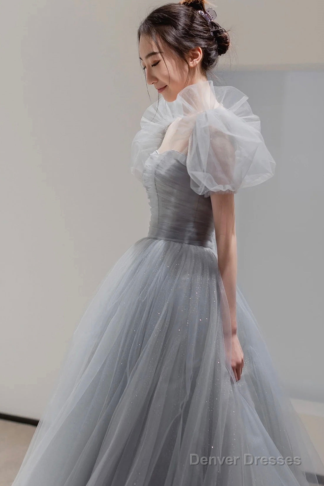 Gray Tulle Floor Length A-Line Prom Dress, Lovely Puff Sleeve Evening Party Dress