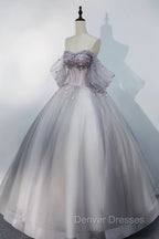 Gray Tulle Floor Length Prom Dress, Off the Shoulder Evening Party Dress