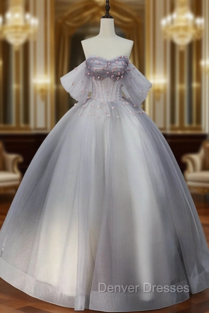 Gray Tulle Floor Length Prom Dress, Off the Shoulder Evening Party Dress Main image