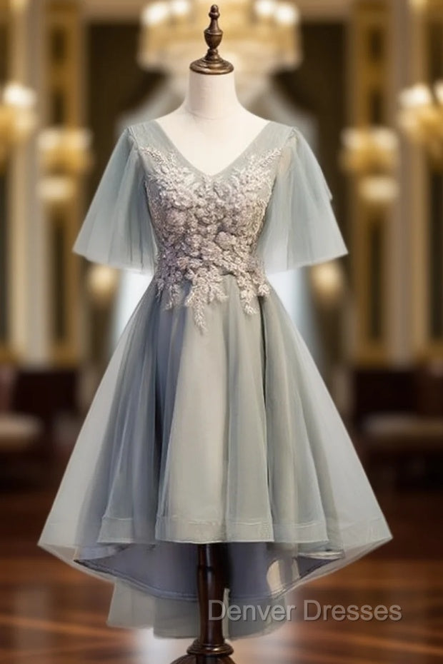 Gray Tulle Hig Lo V-neck Short Sleeve Beading Prom Dress Main image