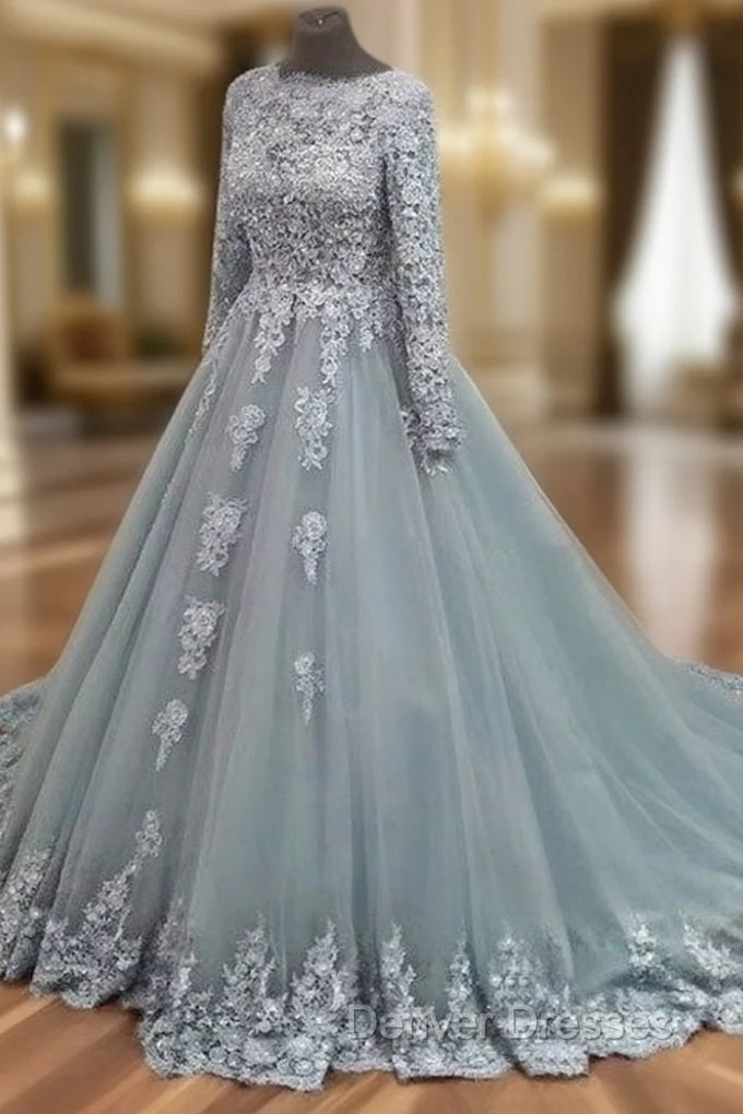 Gray Tulle Lace Applique Long Prom Dress, Gray Evening Dress