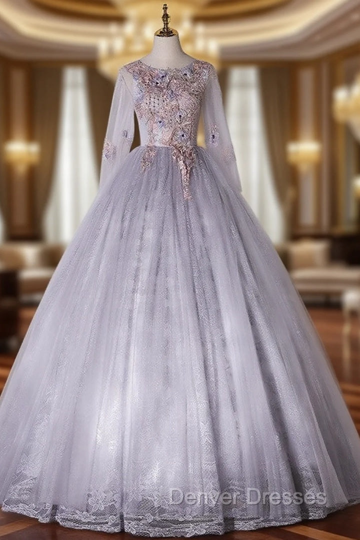 Gray Tulle Lace Appliques Long Sleeve Quinceanera Dress Main image