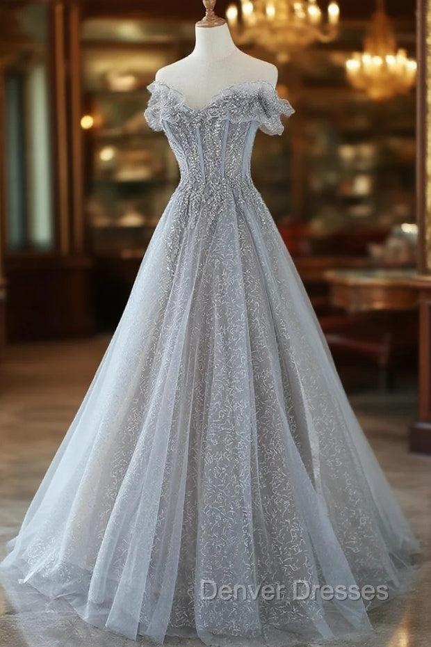 Gray Tulle Lace Floor Length Evening Dress, Off the Shoulder Prom Dress Main image