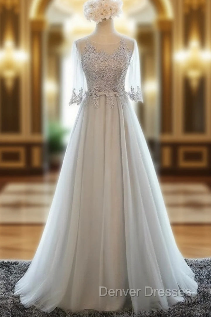 Gray Tulle Lace Half Sleeve Bridesmaid Dress Main image