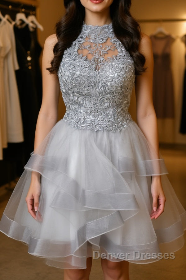 Gray tulle lace high neck short prom Dress gray homecoming Dress