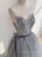 Gray Tulle Lace Long Prom Dress, Gray Ball Gown Formal Dress