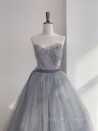 Gray Tulle Lace Long Prom Dress, Gray Ball Gown Formal Dress