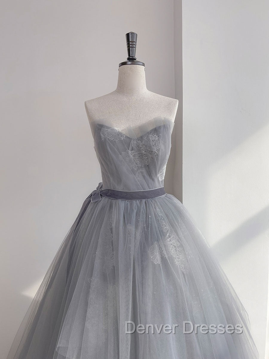 Gray Tulle Lace Long Prom Dress, Gray Ball Gown Formal Dress