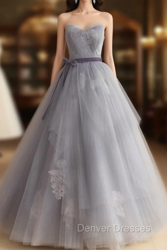 Gray Tulle Lace Long Prom Dress, Gray Ball Gown Formal Dress Main image