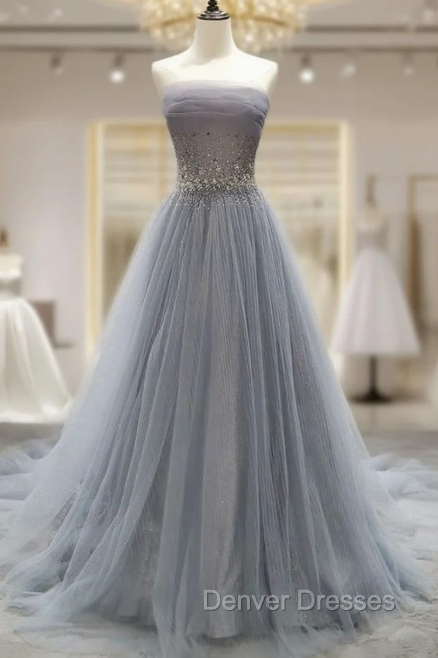 Gray Tulle Lace Long Prom Dress, Gray Blue Tulle Lace Evening Dress