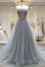 Gray Tulle Lace Long Prom Dress, Gray Blue Tulle Lace Evening Dress