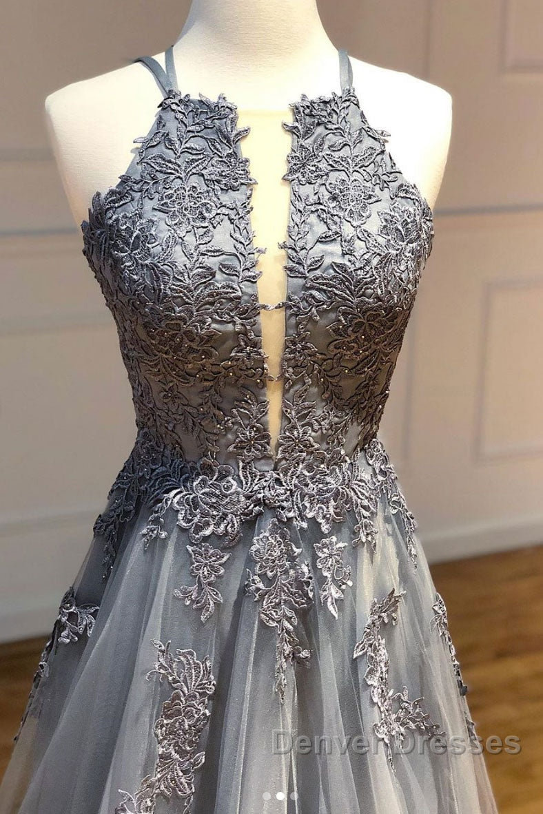 Gray tulle lace long prom Dress gray tulle lace formal Dress