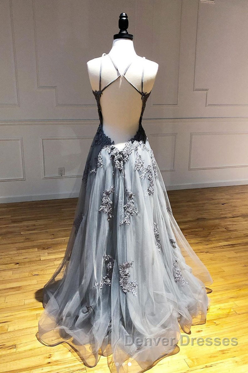 Gray tulle lace long prom Dress gray tulle lace formal Dress