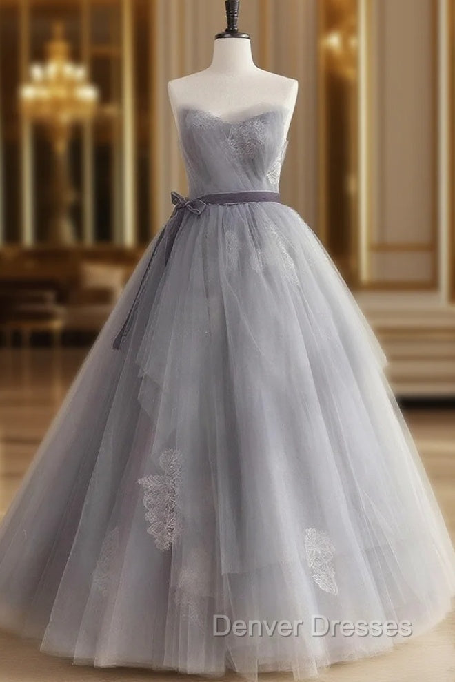 Gray Tulle Lace Long Prom Dress, Gray Tulle Sweet 16 Dress Main image