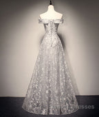 Gray tulle lace long prom Dress, lace tulle bridesmaid Dress