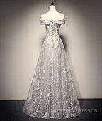 Gray tulle lace long prom Dress, lace tulle bridesmaid Dress