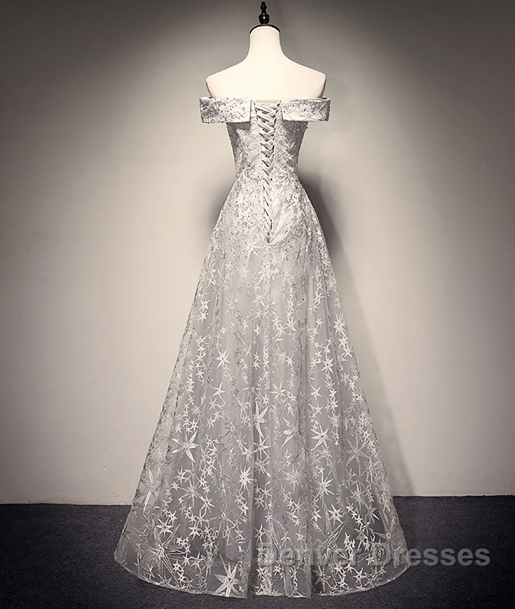 Gray tulle lace long prom Dress, lace tulle bridesmaid Dress