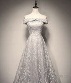 Gray tulle lace long prom Dress, lace tulle bridesmaid Dress