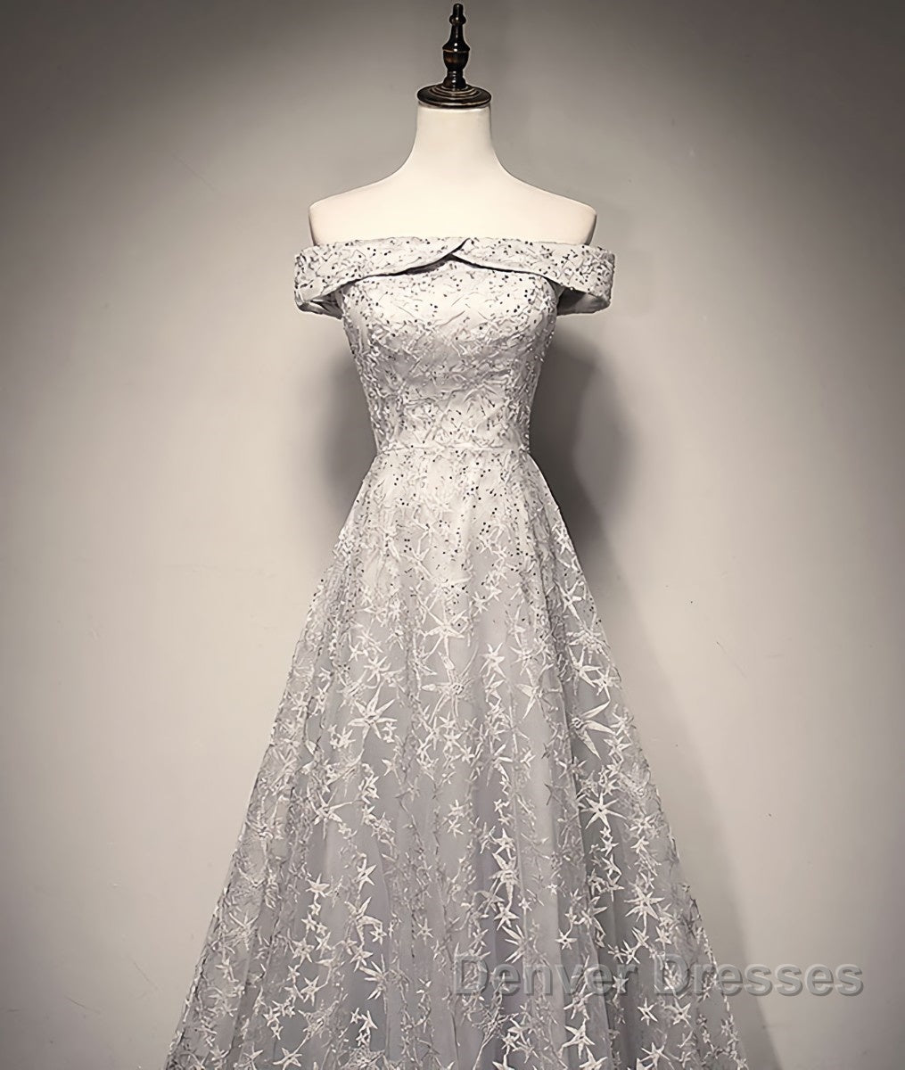 Gray tulle lace long prom Dress, lace tulle bridesmaid Dress