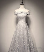 Gray tulle lace long prom Dress, lace tulle bridesmaid Dress