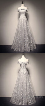 Gray tulle lace long prom Dress, lace tulle bridesmaid Dress