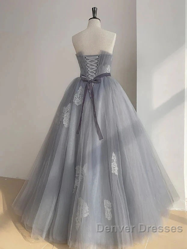 Gray Tulle Lace Long Prom Dress Sweet 16 Dress A Line Off Shoulder December Wedding Guest Dress Secondary image