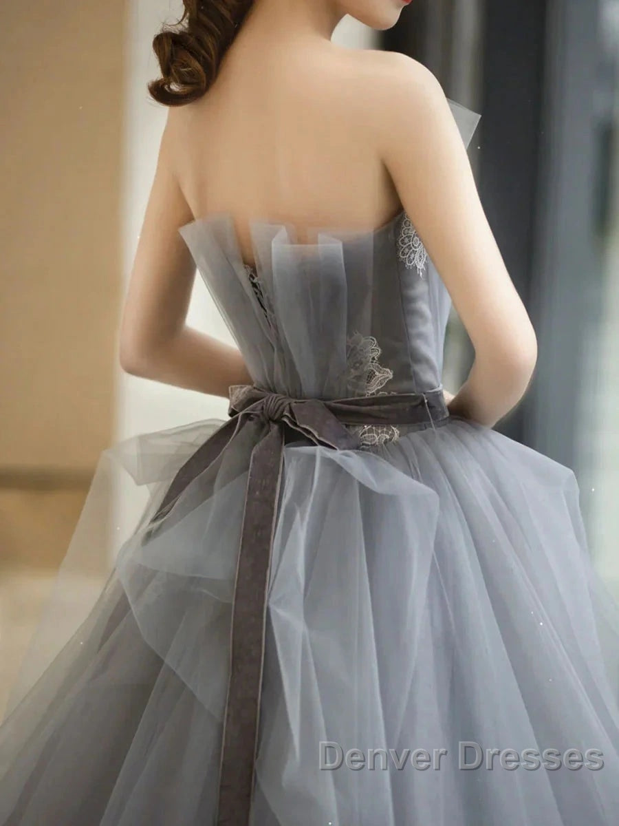 Gray Tulle Lace Long Prom Dress Sweet 16 Dress A Line Off Shoulder December Wedding Guest Dress