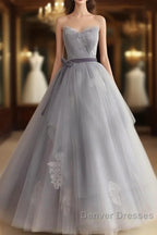 Gray Tulle Lace Long Prom Dress Sweet 16 Dress A Line Off Shoulder December Wedding Guest Dress
