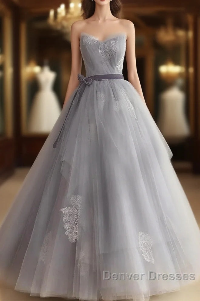 Gray Tulle Lace Long Prom Dress Sweet 16 Dress A Line Off Shoulder December Wedding Guest Dress