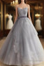 Gray Tulle Lace Long Prom Dress Sweet 16 Dress A Line Off Shoulder December Wedding Guest Dress